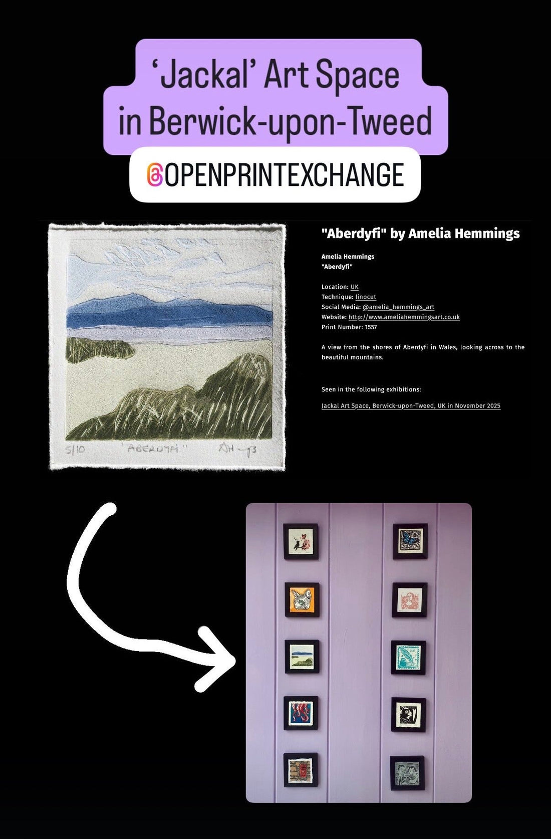 "Aberdyfi" mini reduction linocut print 7cm x 7cm has started it's world tour with Open Press Exchange!